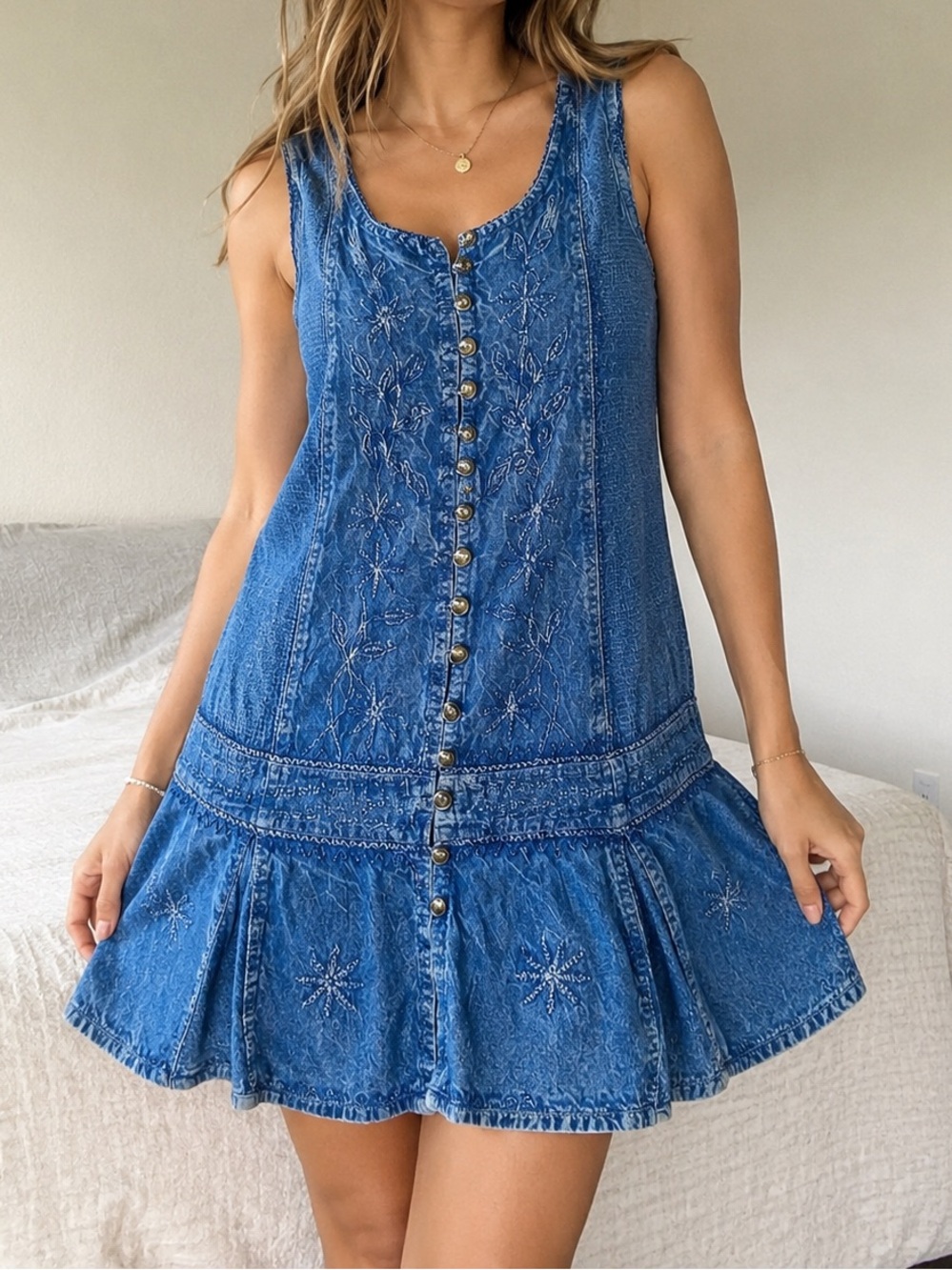 raya sun 90s VTG Boho Blue Embroidered Denim Button-Front Mini Dress
